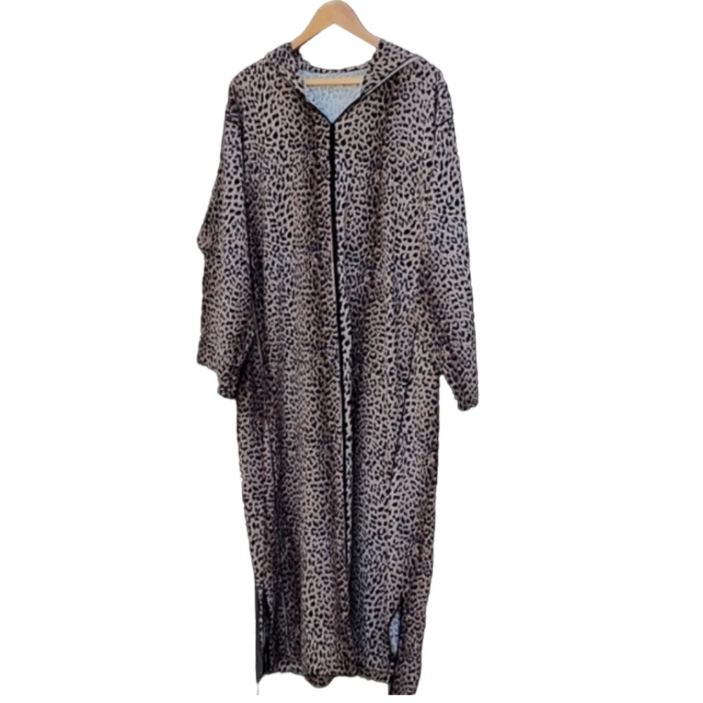 VINTAGE HANDMADE Moroccan Kaftan XL 1X 2X Leopard Hooded Abaya Boho Luxe Robe - Picture 9 of 17